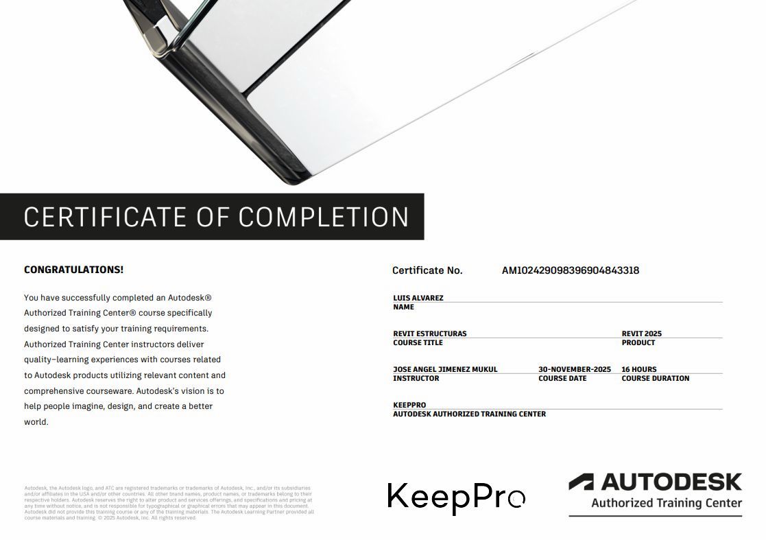 Ejemplo de certificado de finalización Autodesk Authorized Training Center entregado por Keeppro